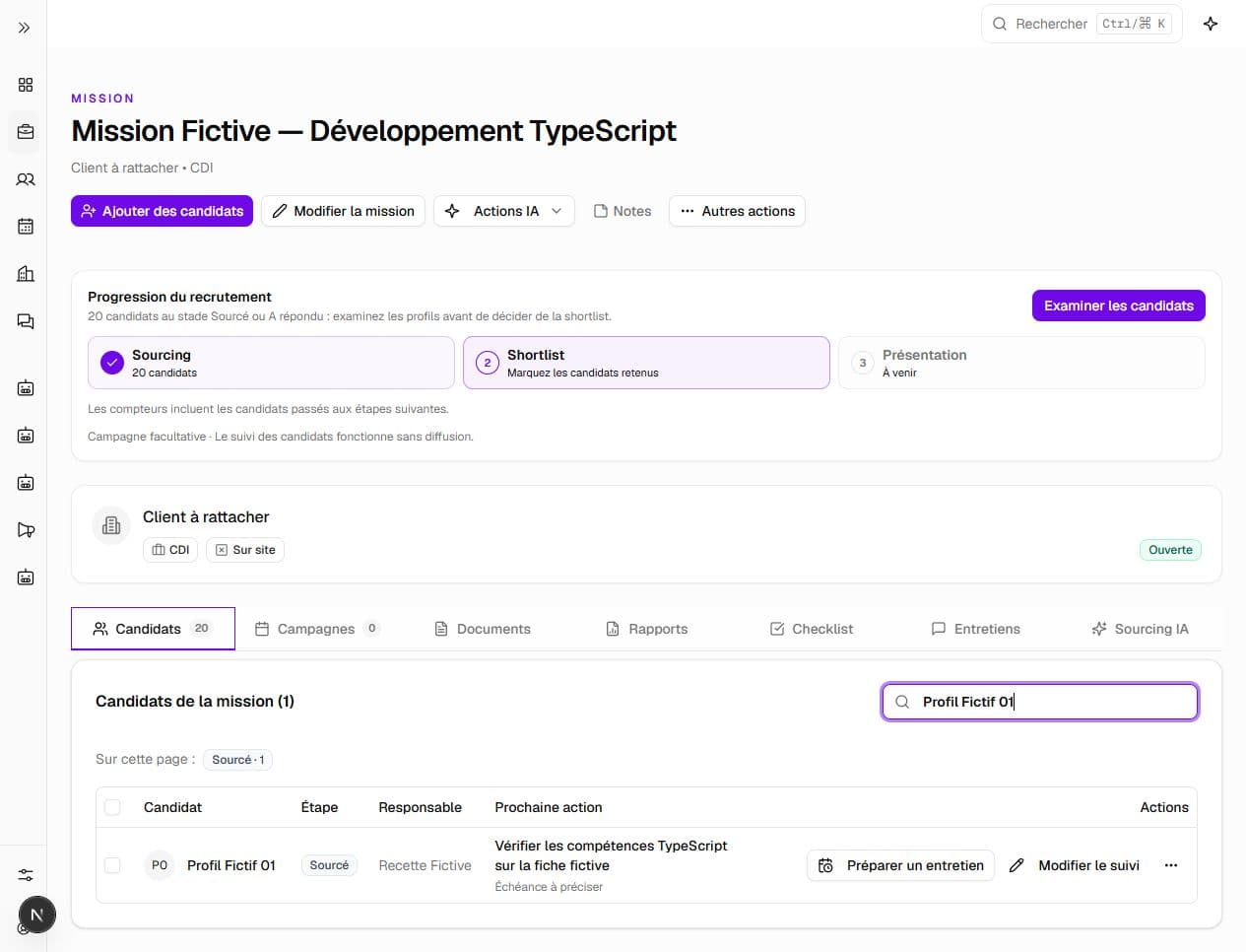 Mission fictive avec 20 candidats importés et une prochaine action attribuée sur le profil fictif 01.